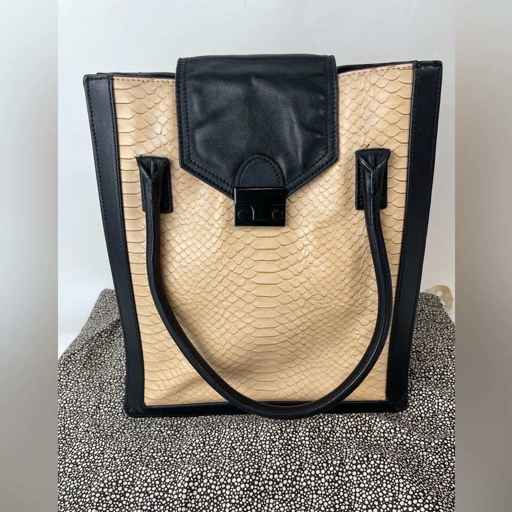 LOEFFLER RANDALL WORK TOTE EMBOSSED SNAKE LEATHER BLACK POLKA DOT PATTERN BAG